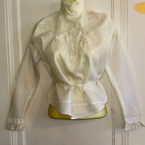 Antique Tops - Antique handmade white cotton muslin high neck long sleeve embroidered blouse